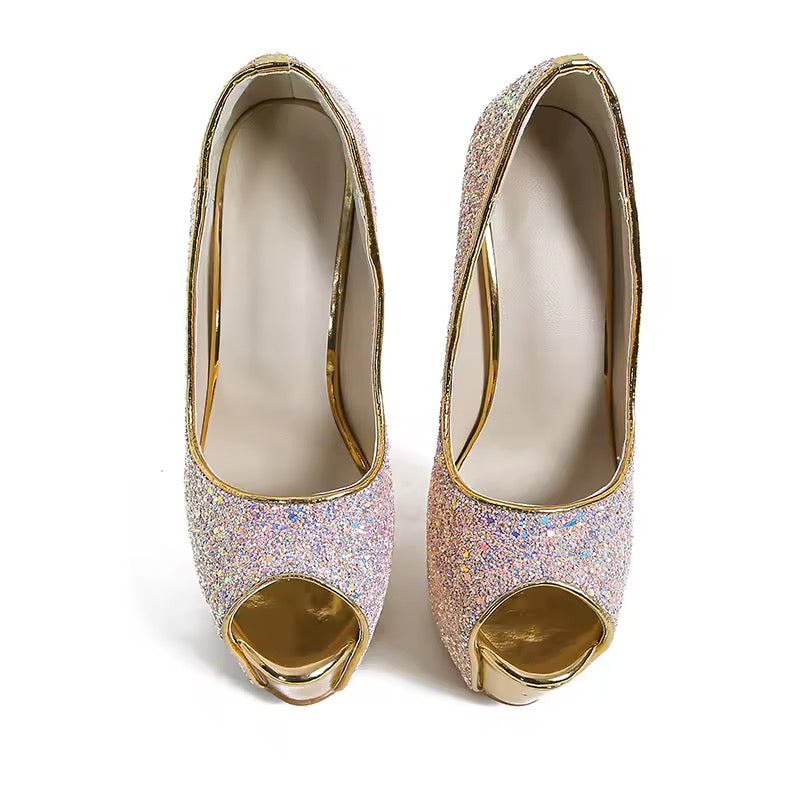 Golden Glitz Platform Peep-Toe Heels  image 1